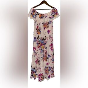 Umgee Off The Shoulder Floral Print With Lace Maxi Dress‎ In Ivory Size Small